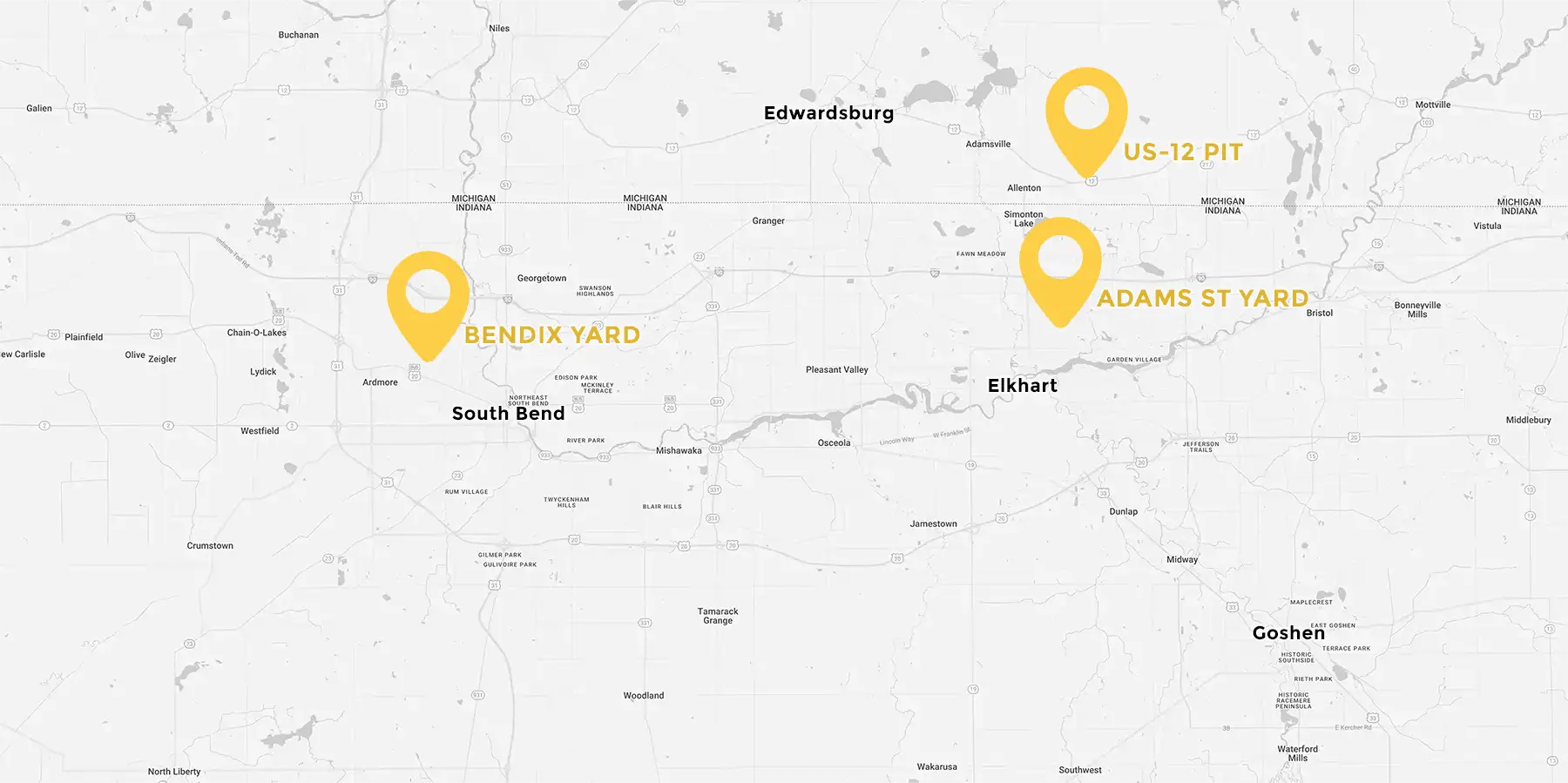 Locations in South Bend, Indiana; Elkhart, Indiana; and Edwardsburg Michigan to supply Mined Stone & Sand, Crushed Concrete, Crushed Asphalt & Millings, Topsoil and More.